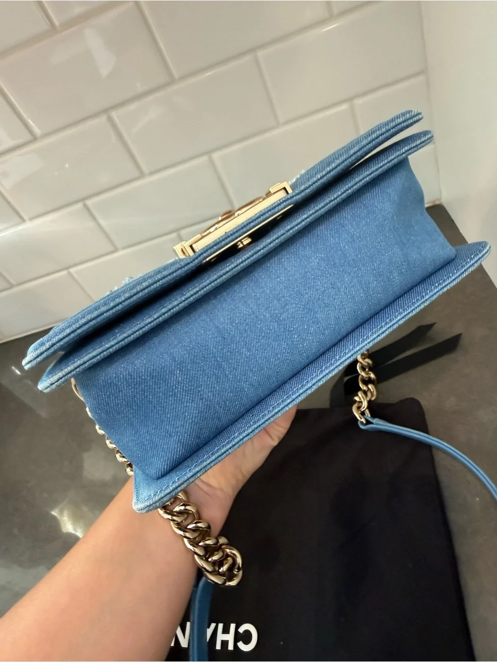 CHANEL Pleated Blue Denim Small Boy Bag with Champagne Gold Hardware